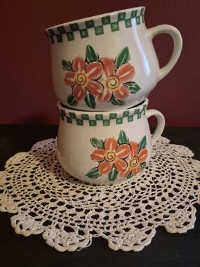 Pair of Floral Ceramic Mugs with Green Checkered Trim